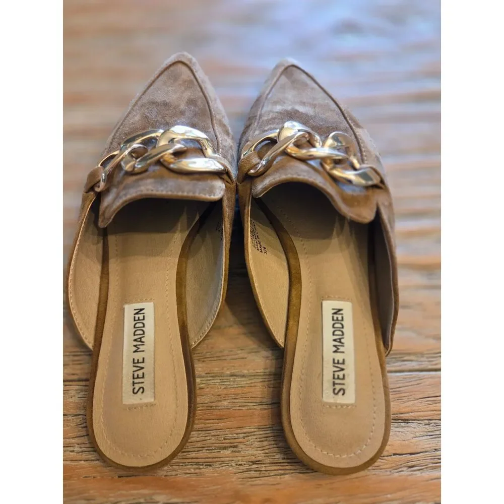 Steve Madden tan micro-suede mules, gold chain accent, size 7M